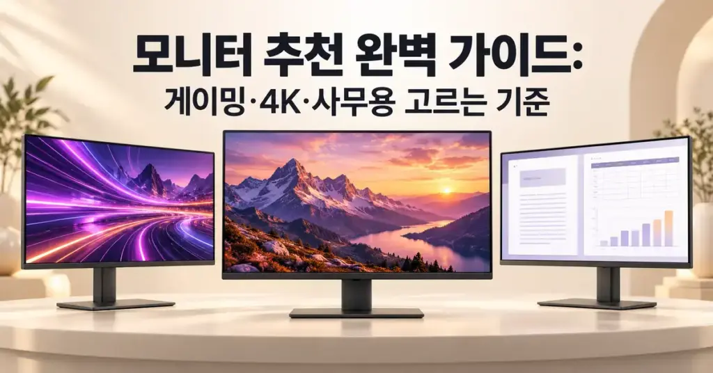 게이밍 화면, 고해상도 풍경, 사무용 문서를 띄운 세 대의 모니터와 ‘모니터 추천 완벽 가이드: 게이밍·4K·사무용 고르는 기준’ 제목이 배치된 이미지.