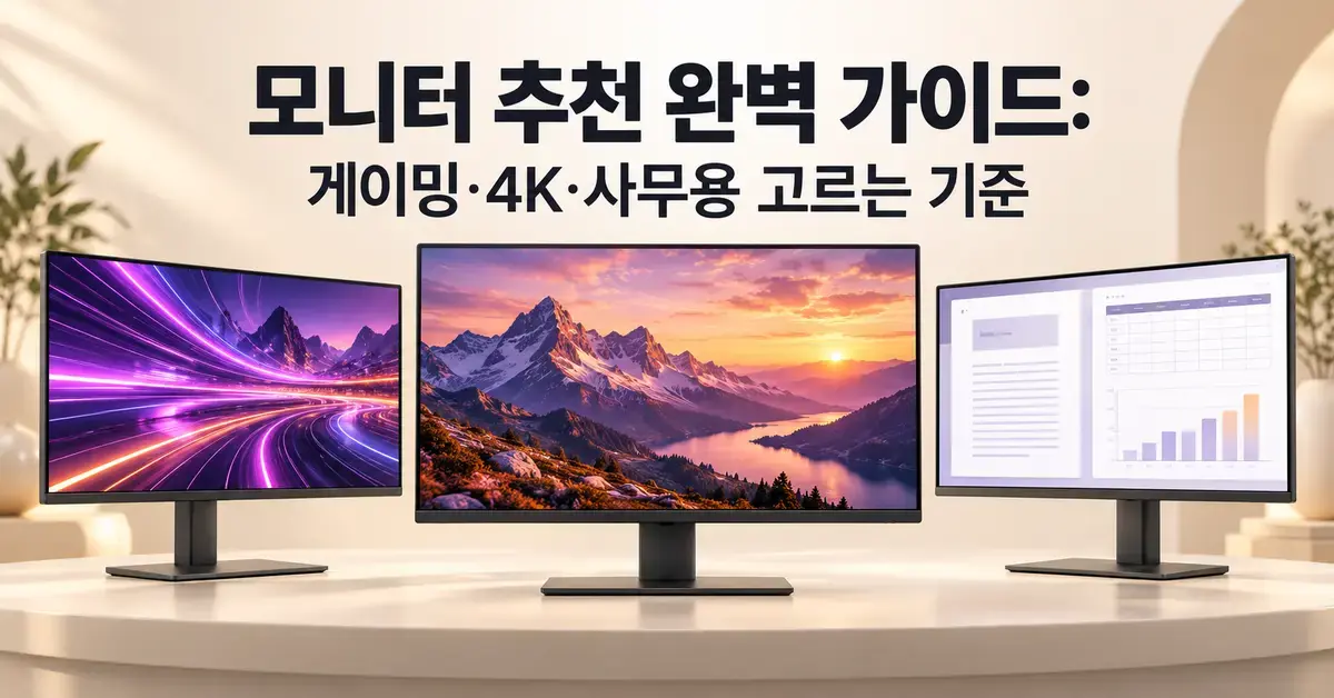 게이밍 화면, 고해상도 풍경, 사무용 문서를 띄운 세 대의 모니터와 ‘모니터 추천 완벽 가이드: 게이밍·4K·사무용 고르는 기준’ 제목이 배치된 이미지.