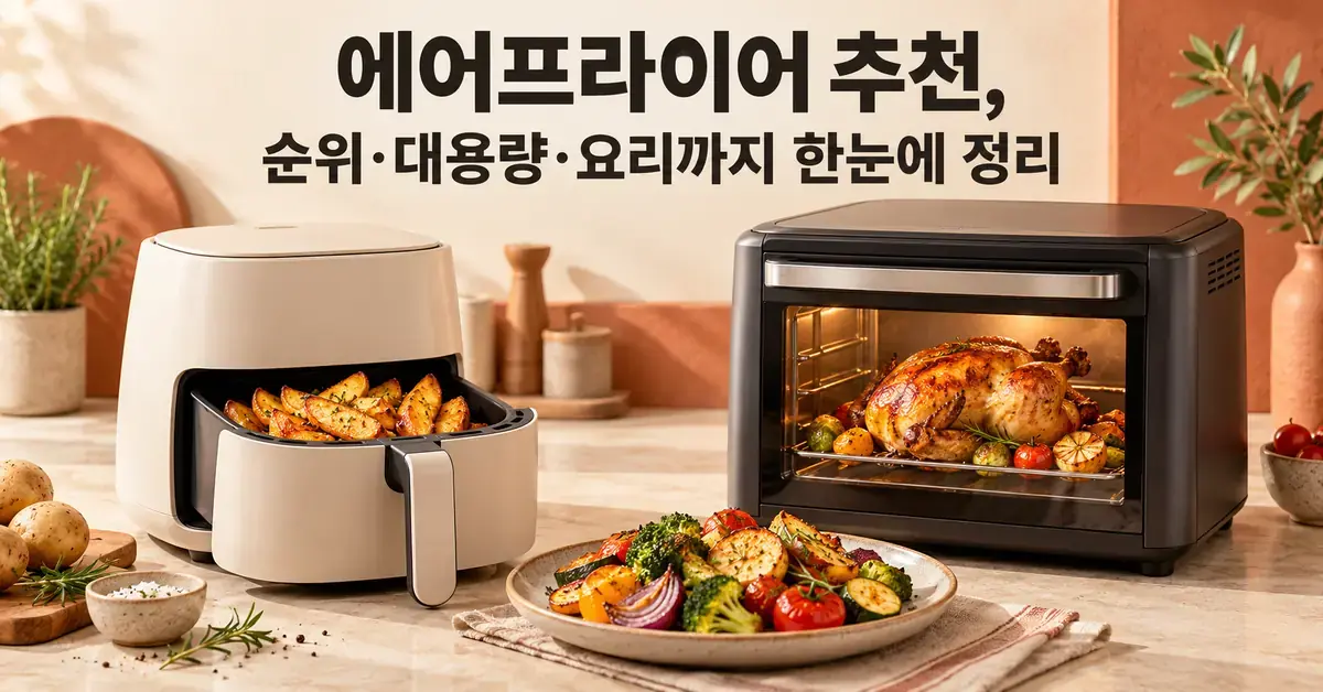‘에어프라이어 추천, 순위·대용량·요리까지 한눈에 정리’라는 제목 아래 감자튀김을 담은 바스켓형 에어프라이어와 통닭을 굽는 대용량 오븐형 에어프라이어, 구운 채소 접시가 놓인 이미지.