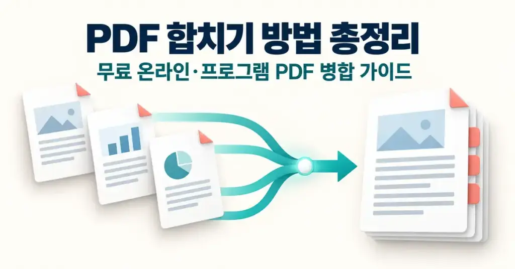 여러 PDF 문서가 청록색 화살표를 따라 하나의 문서로 합쳐지는 모습과 ‘PDF 합치기 방법 총정리: 무료 온라인·프로그램 PDF 병합 가이드’ 제목이 표시된 이미지.