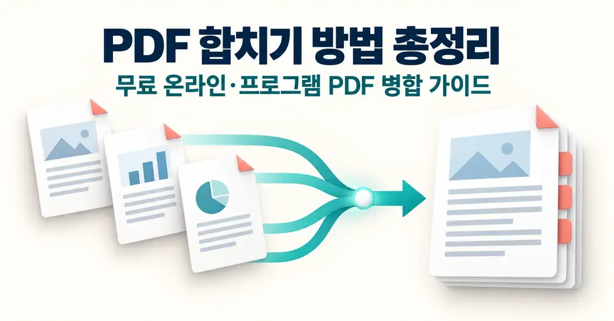 여러 PDF 문서가 청록색 화살표를 따라 하나의 문서로 합쳐지는 모습과 ‘PDF 합치기 방법 총정리: 무료 온라인·프로그램 PDF 병합 가이드’ 제목이 표시된 이미지.